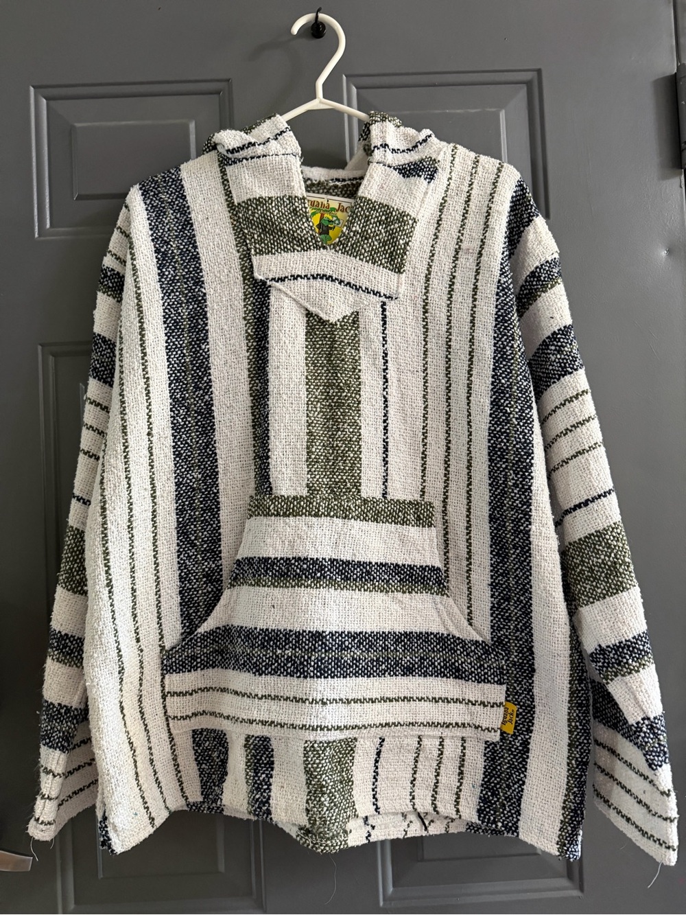 Men's Striped Baja Hoodie Sweater - White, Navy & Olive